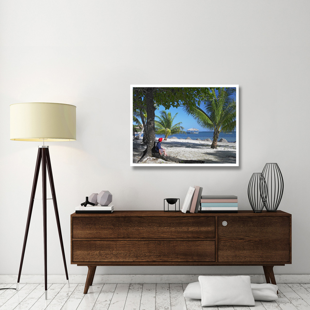 Tourist resting under palm trees on beach at Palmetto Bay, Roatan Island, Honduras-Paper Art-42&quotx32"