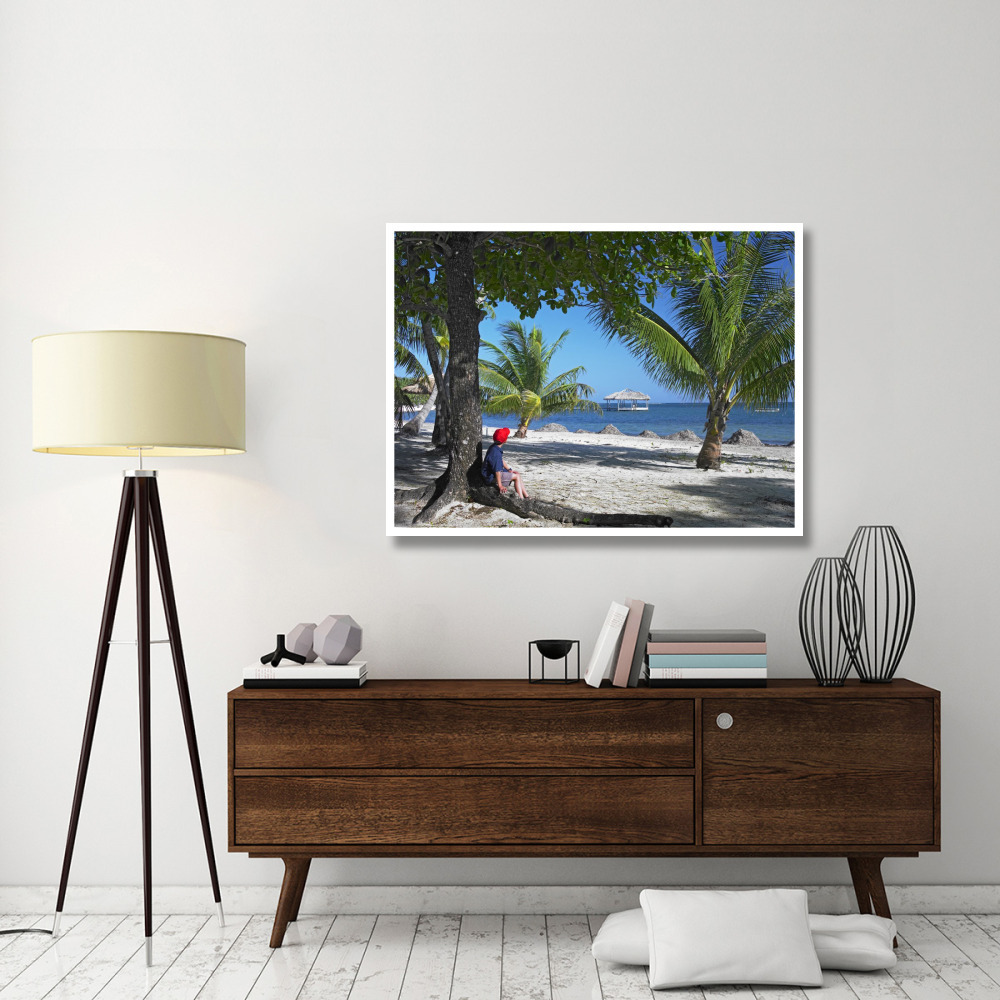 Tourist resting under palm trees on beach at Palmetto Bay, Roatan Island, Honduras-Paper Art-50&quotx38"