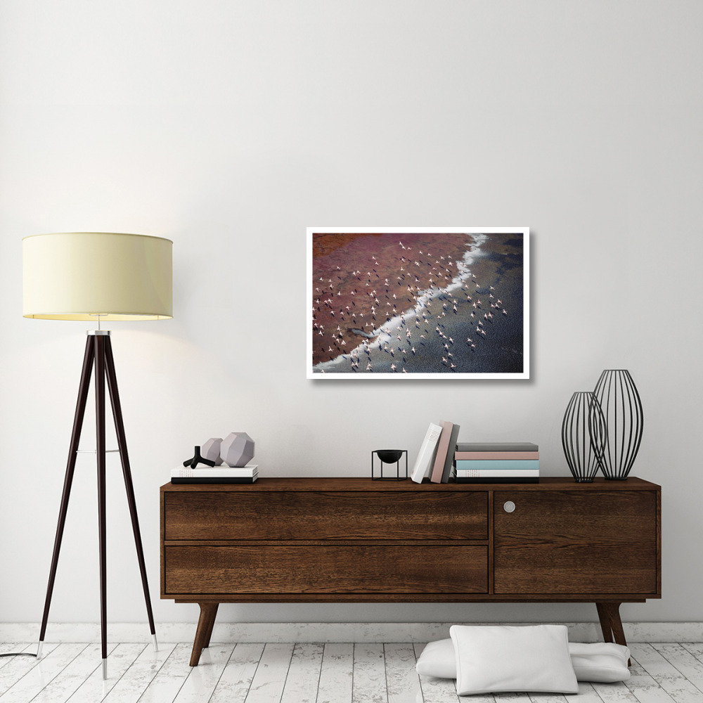 Lesser Flamingo group flock flying over soda flats at the edge of Lake Magadi, Kenya-Paper Art-38&quotx26"