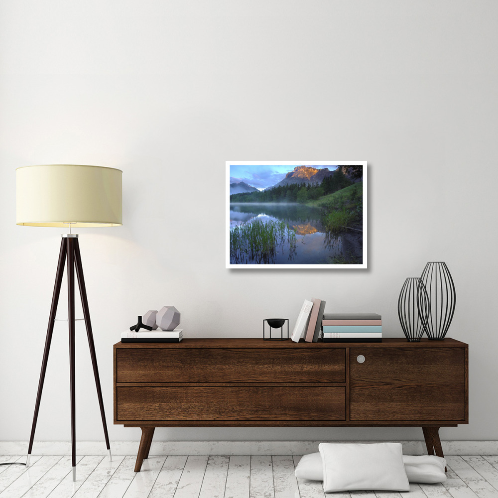 Morning light on Mt Kidd, mist rising from water, Kananaskis Country, Alberta, Canada-Paper Art-34&quotx26"