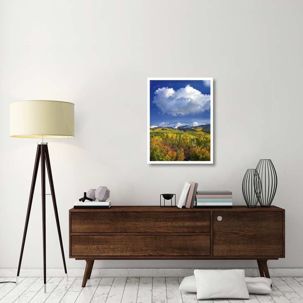 East Beckwith Mountain flanked by fall colored Aspen forests under cumulus clouds, Colorado-Paper Art-26&quotx34"