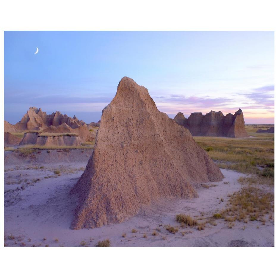 Crescent moon over landscape showing erosional features, Badlands National Park, South Dakota-Paper Art-22&quotx18"
