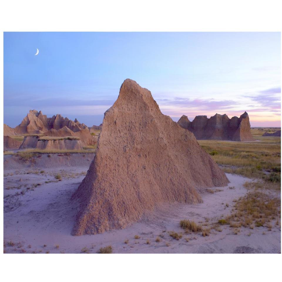 Crescent moon over landscape showing erosional features, Badlands National Park, South Dakota-Paper Art-37&quotx30"