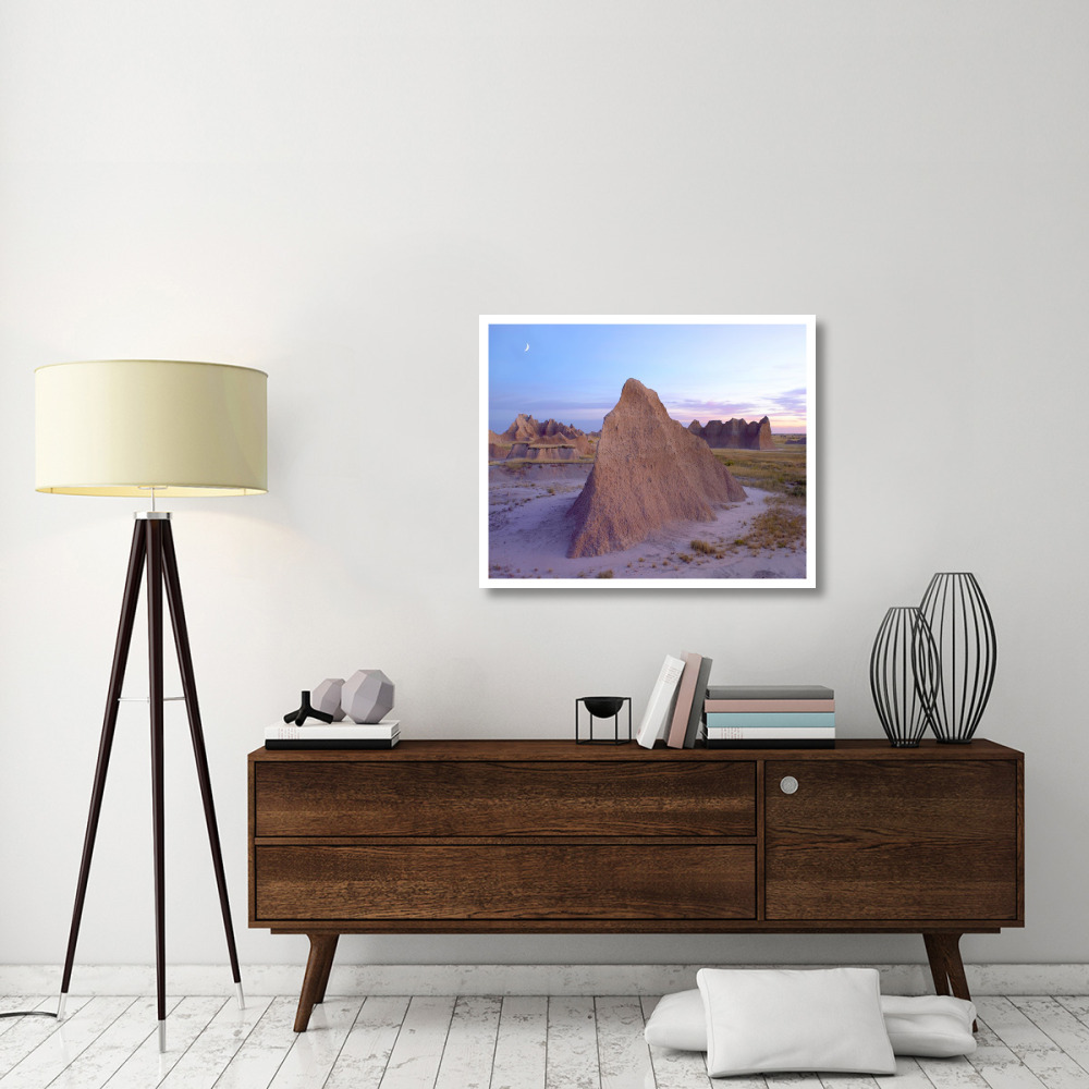 Crescent moon over landscape showing erosional features, Badlands National Park, South Dakota-Paper Art-37&quotx30"