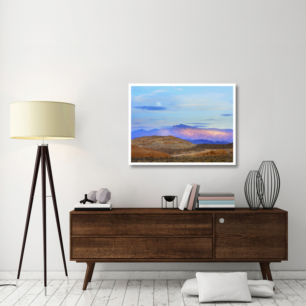 Sunset lighting up mountains under a full moon in Valley of Fire State Park, Mojave Desert, Nevada-Paper Art-42&quotx32"