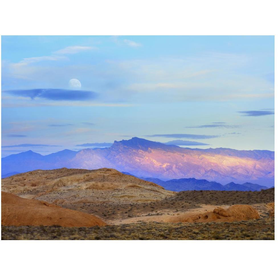 Sunset lighting up mountains under a full moon in Valley of Fire State Park, Mojave Desert, Nevada-Paper Art-50&quotx38"
