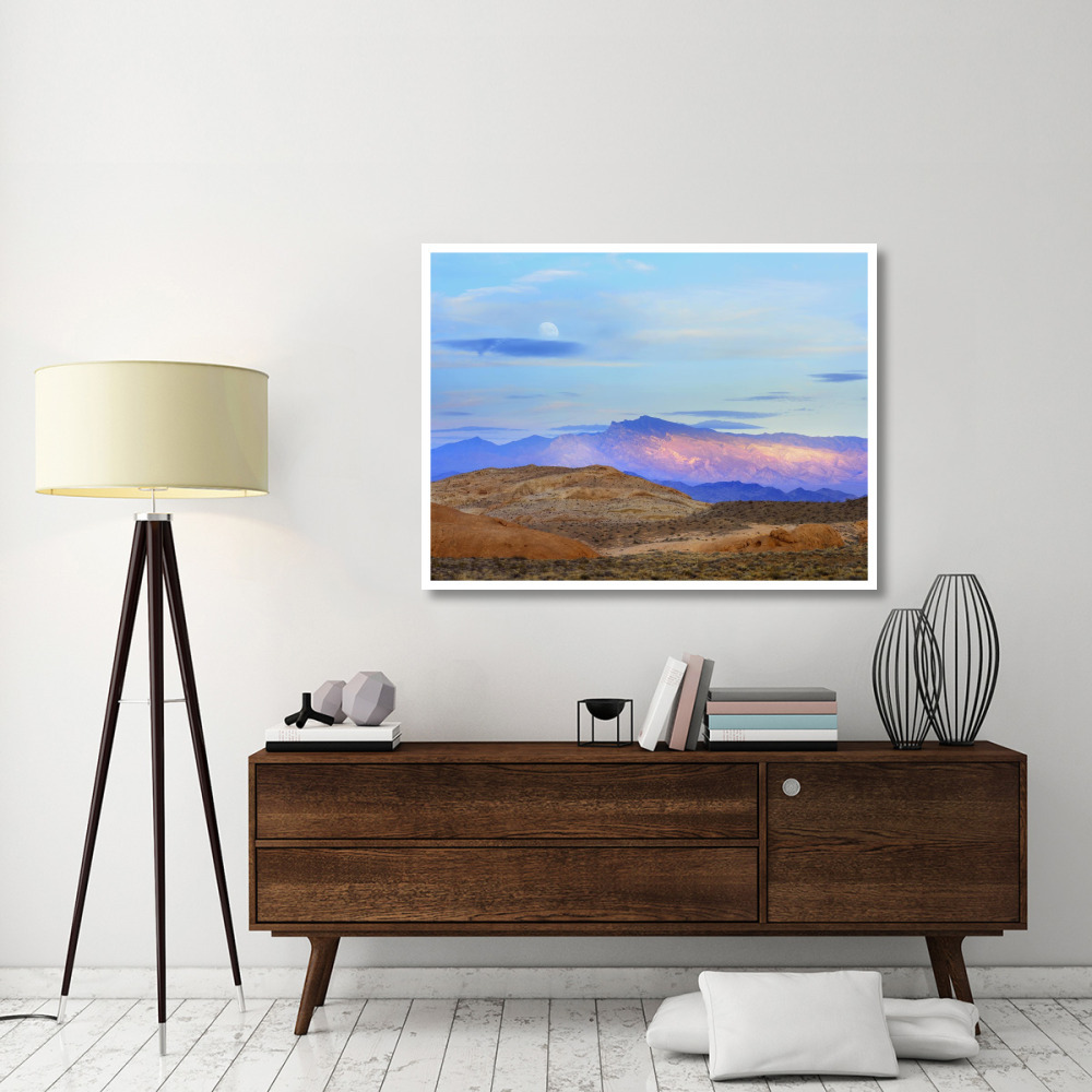 Sunset lighting up mountains under a full moon in Valley of Fire State Park, Mojave Desert, Nevada-Paper Art-50&quotx38"