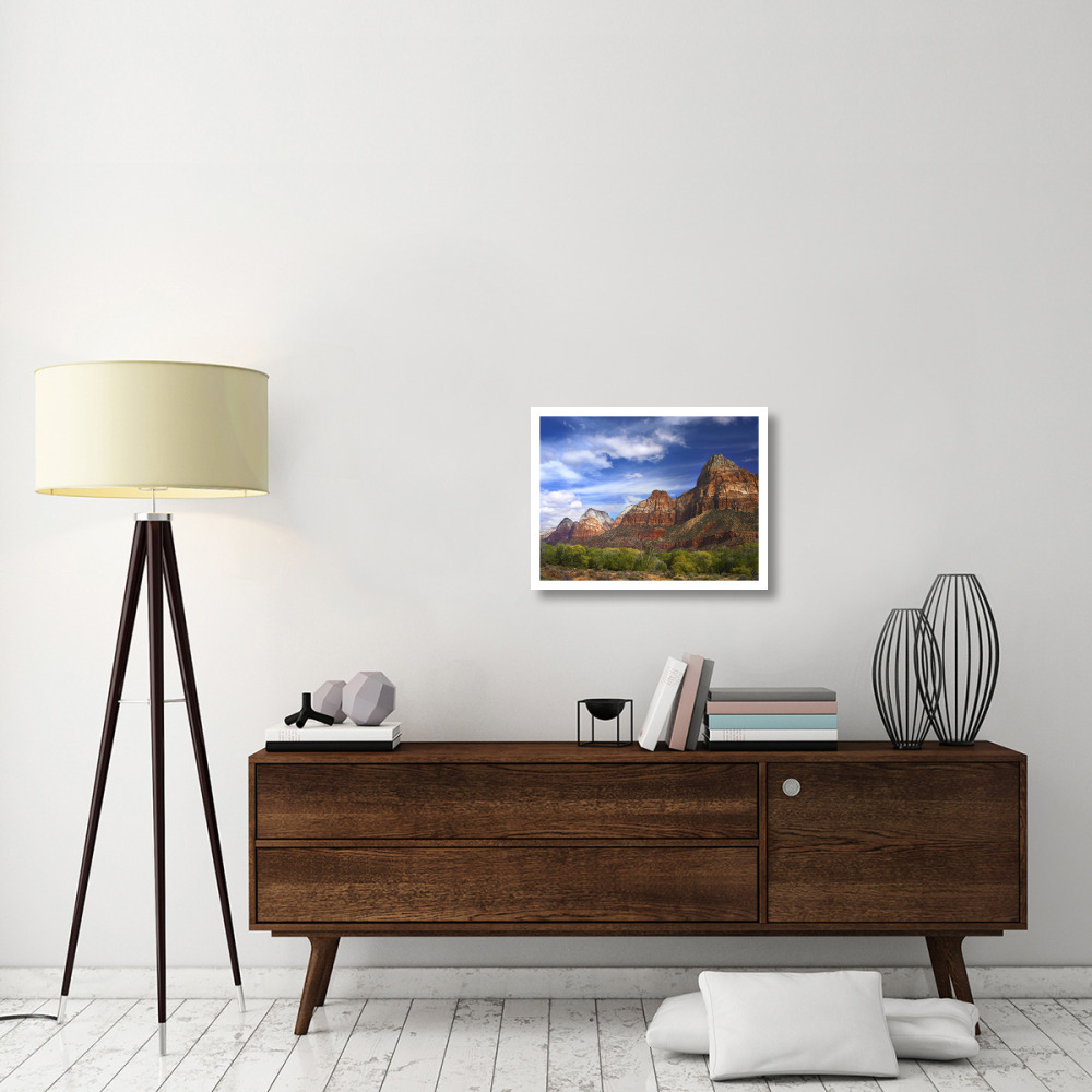 The Watchman, outcropping near south entrance of Zion National Park, cottonwoods in foreground, Utah-Paper Art-26&quotx20"