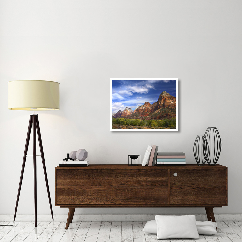 The Watchman, outcropping near south entrance of Zion National Park, cottonwoods in foreground, Utah-Paper Art-34&quotx26"