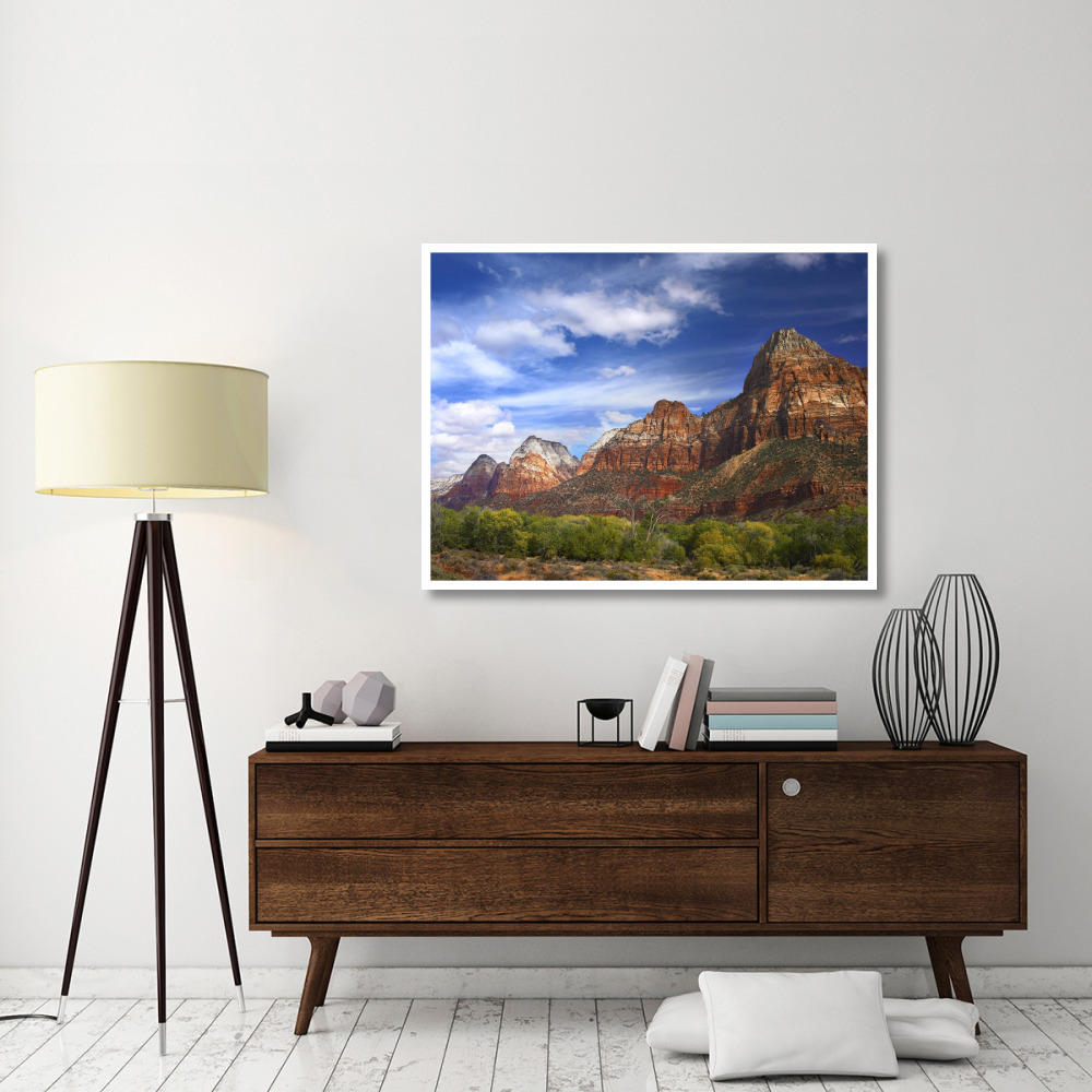 The Watchman, outcropping near south entrance of Zion National Park, cottonwoods in foreground, Utah-Paper Art-50&quotx38"