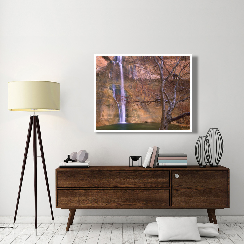 Calf Creek Falls cascading down sandstone cliff with desert varnish, Escalante National Monument, Utah-Paper Art-50&quotx38"