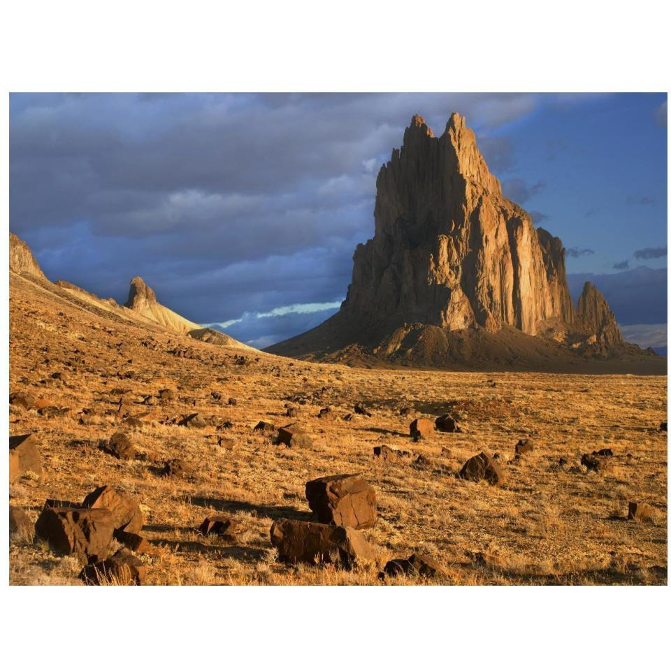 Shiprock, the basalt core of an extinct volcano, tuff-breccia ejected boulders in foreground, New Mexico-Paper Art-18&quotx14"