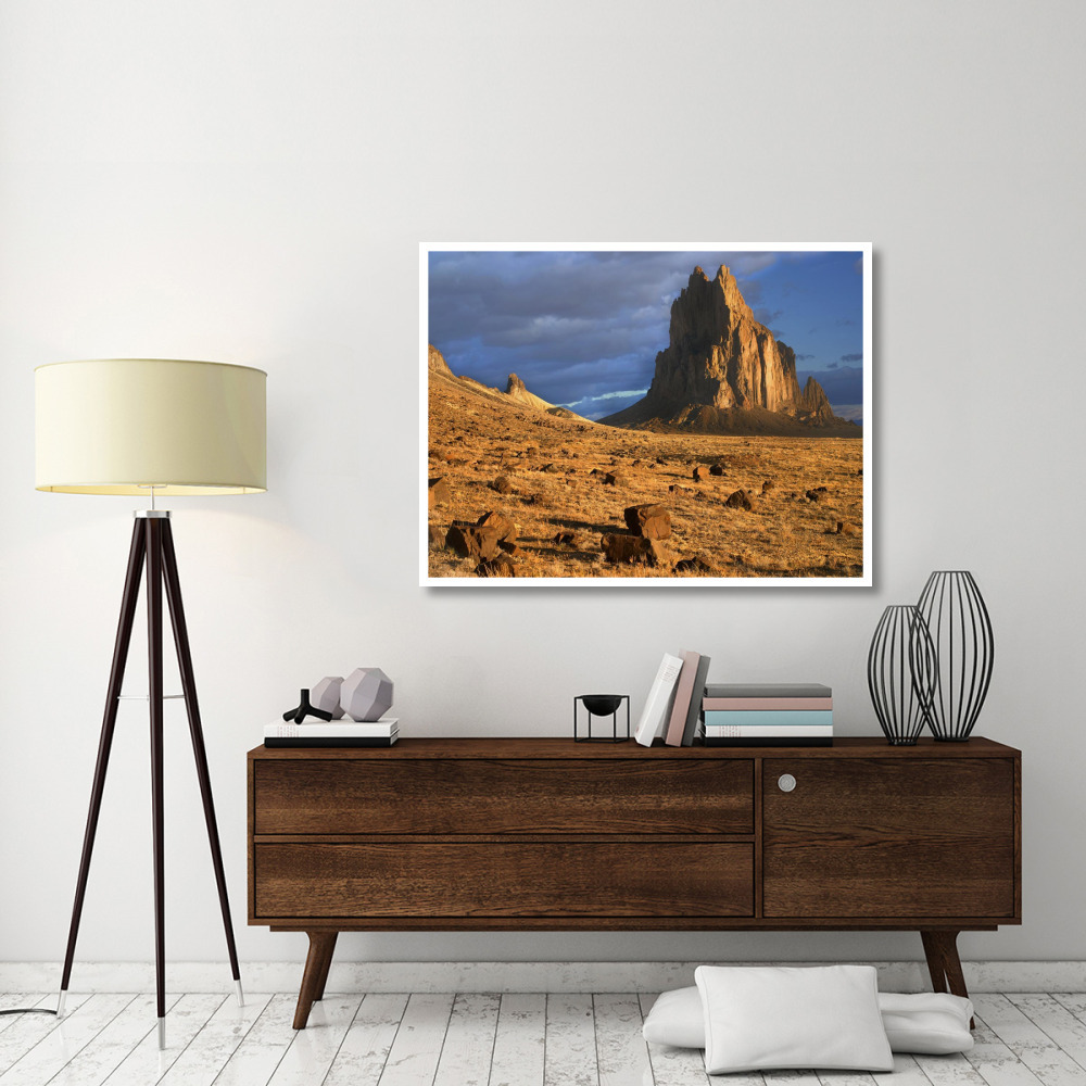 Shiprock, the basalt core of an extinct volcano, tuff-breccia ejected boulders in foreground, New Mexico-Paper Art-50&quotx38"