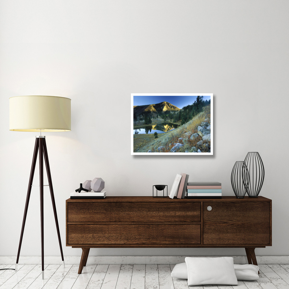Bunsen Peak, an ancient volcano cone, reflected in lake, near Mammoth, Yellowstone National Park, Wyoming-Paper Art-34&quotx26"