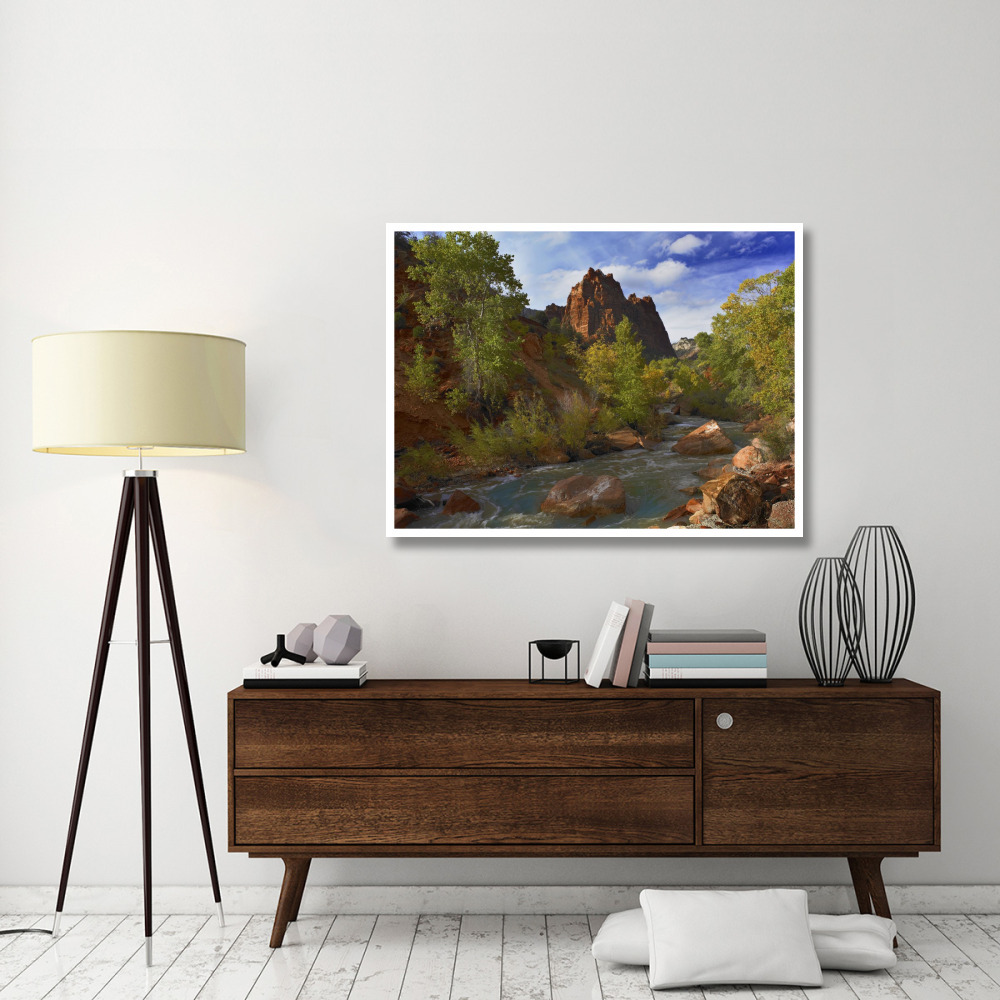 Mt Spry at 5,823 foot elevation with the Virgin River surrounded by Cottonwood trees, Zion National Park, Utah-Paper Art-50&quotx38"