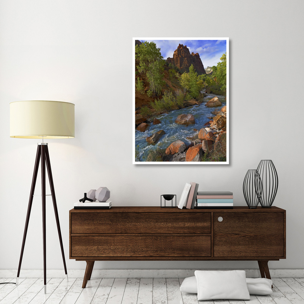 Mt Spry at 5,823 foot elevation with the Virgin River surrounded by Cottonwood trees, Zion National Park, Utah-Paper Art-38&quotx50"