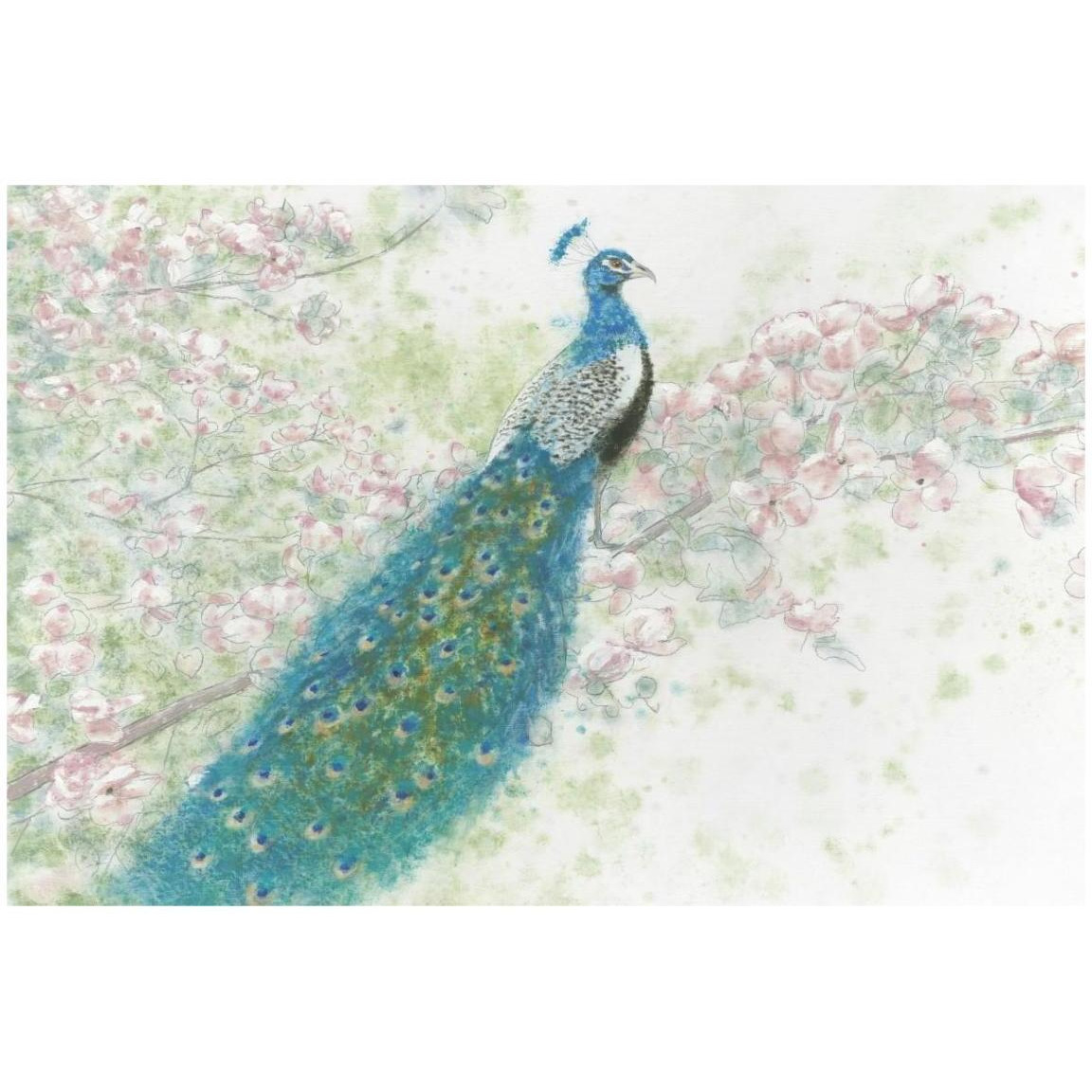 Spring Peacock I Pink Flowers -Paper Art-20&quotx14"