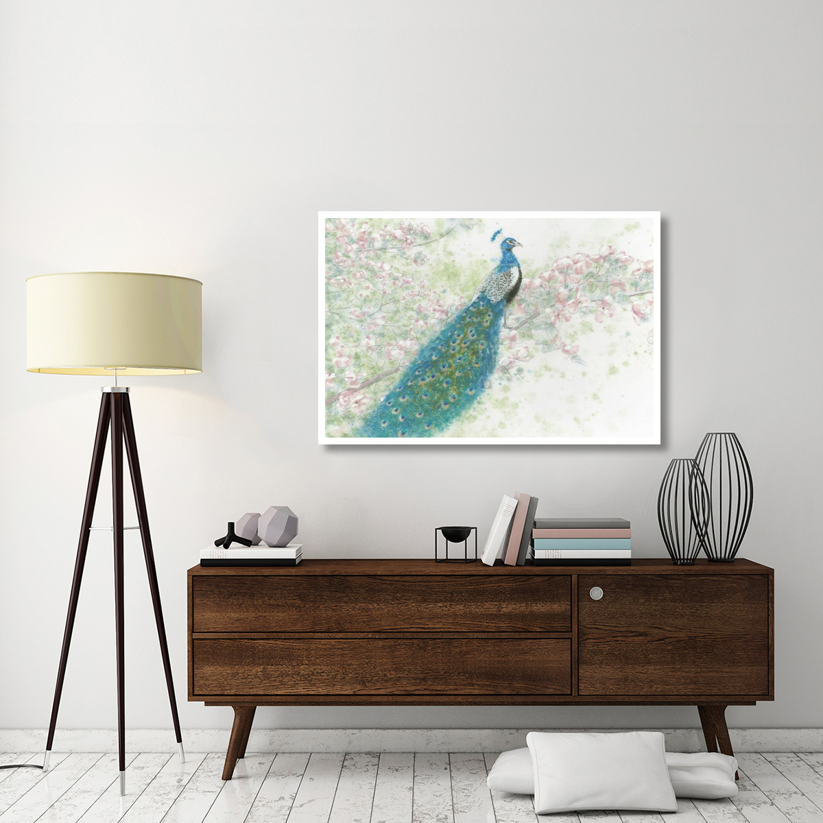 Spring Peacock I Pink Flowers -Paper Art-50&quotx34"