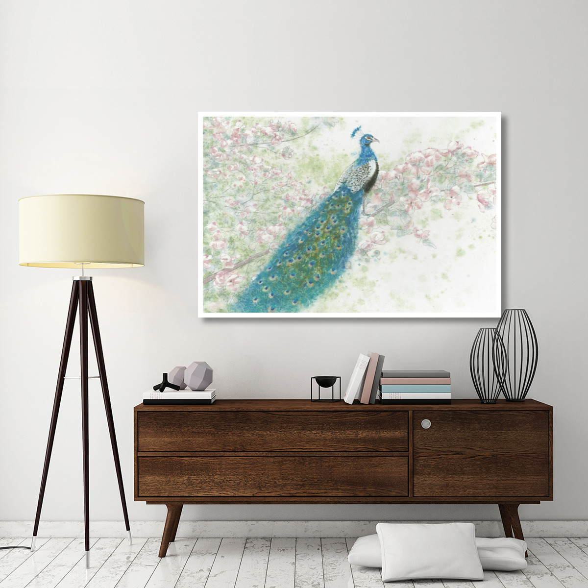 Spring Peacock I Pink Flowers -Paper Art-62&quotx42"