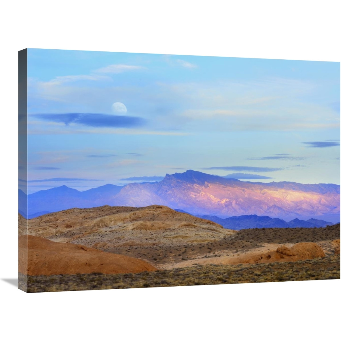 Sunset lighting up mountains under a full moon in Valley of Fire State Park, Mojave Desert, Nevada-Canvas Art-32&quotx24"