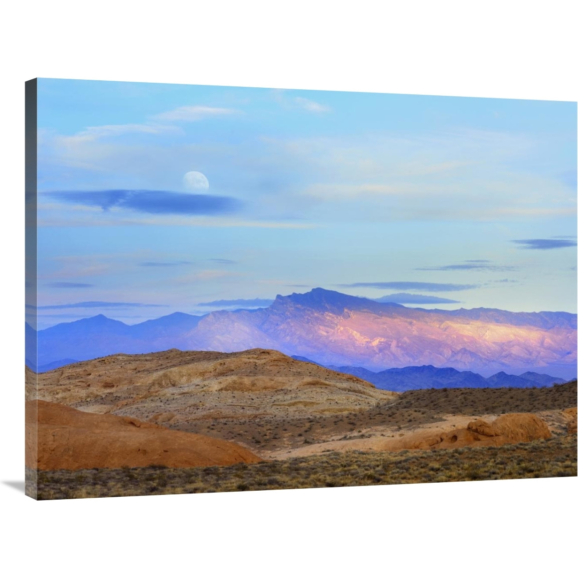 Sunset lighting up mountains under a full moon in Valley of Fire State Park, Mojave Desert, Nevada-Canvas Art-40&quotx30"
