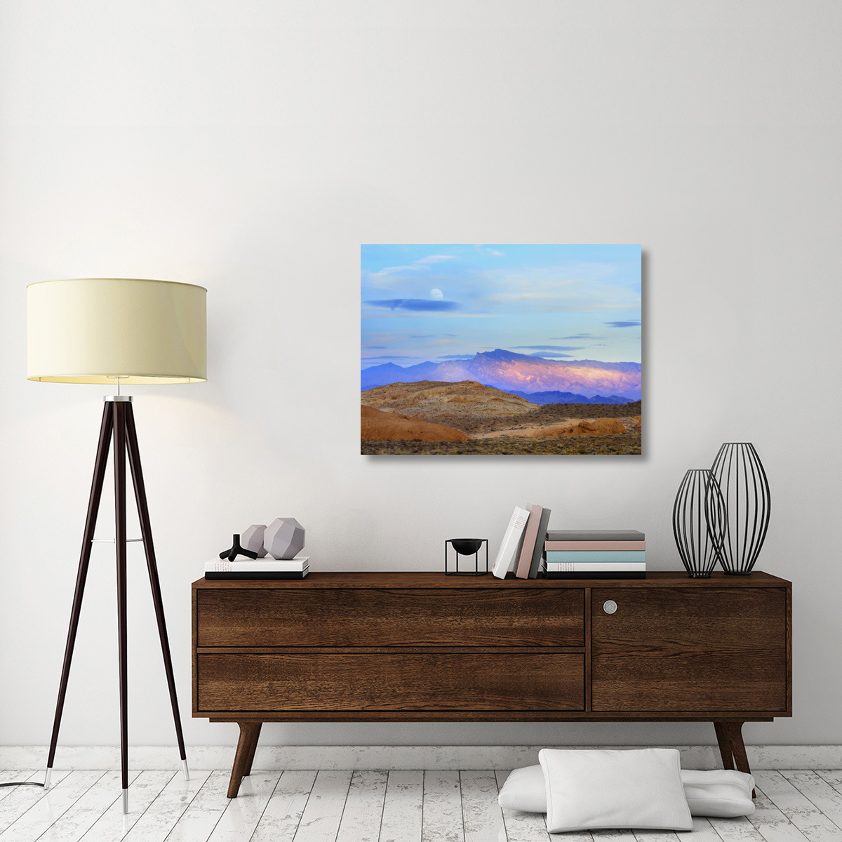 Sunset lighting up mountains under a full moon in Valley of Fire State Park, Mojave Desert, Nevada-Canvas Art-40&quotx30"