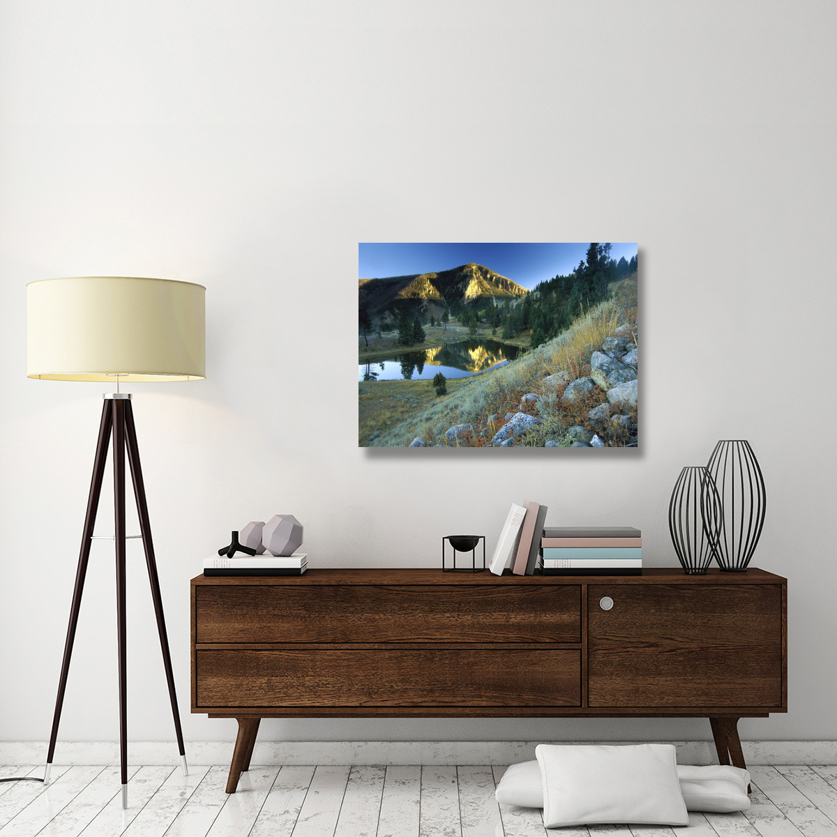 Bunsen Peak, an ancient volcano cone, reflected in lake, near Mammoth, Yellowstone National Park, Wyoming-Canvas Art-40&quotx30"