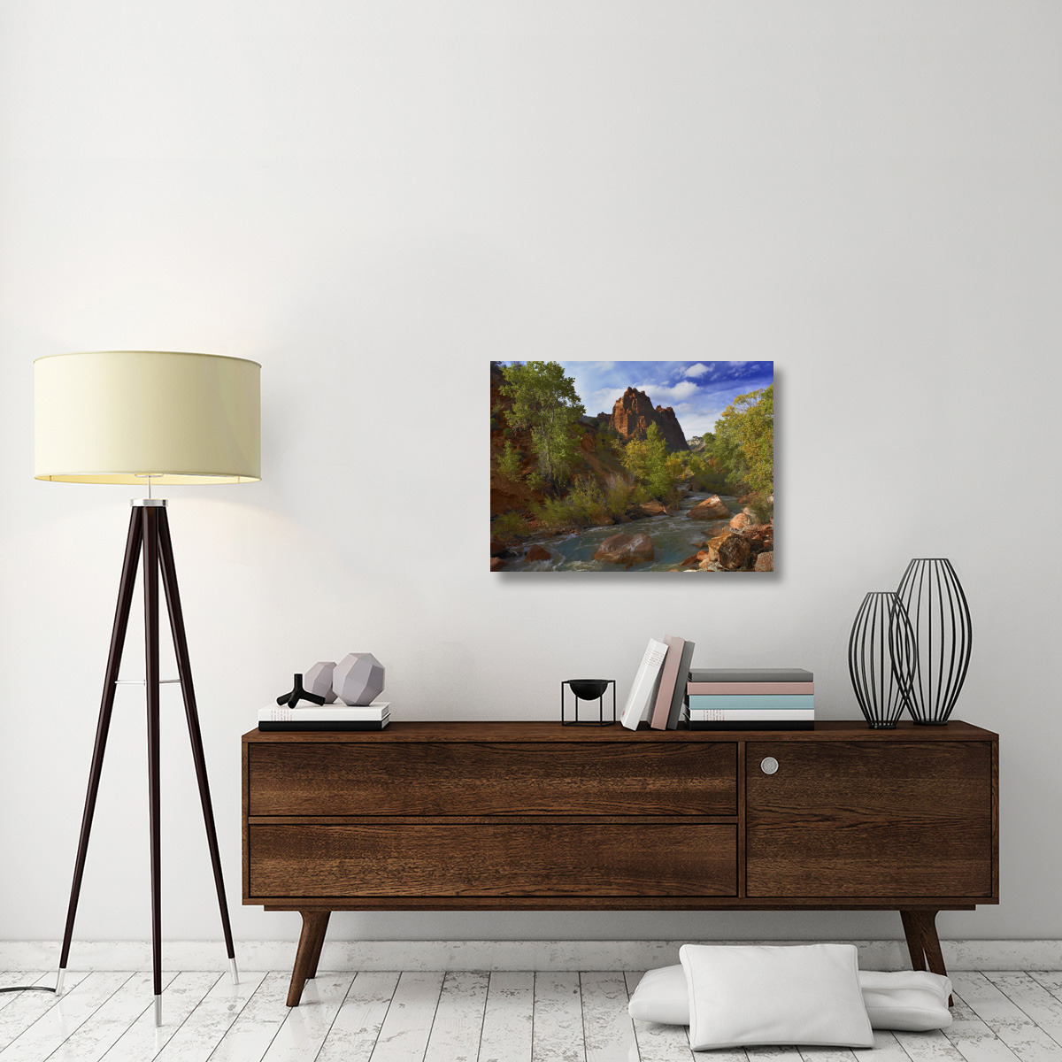 Mt Spry at 5,823 foot elevation with the Virgin River surrounded by Cottonwood trees, Zion National Park, Utah-Canvas Art-32&quotx24"