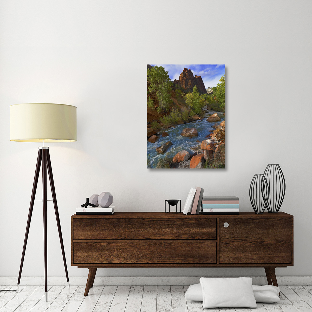 Mt Spry at 5,823 foot elevation with the Virgin River surrounded by Cottonwood trees, Zion National Park, Utah-Canvas Art-30&quotx40"