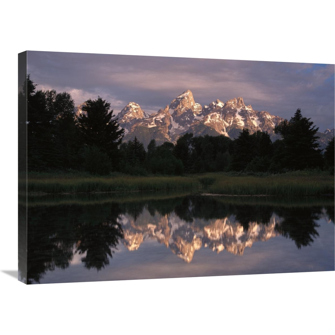 Grand Teton Range and cloudy sky at Schwabacher Landing, reflected in the water, Grand Teton National Park, Wyoming-Canvas Art-32&quotx24"