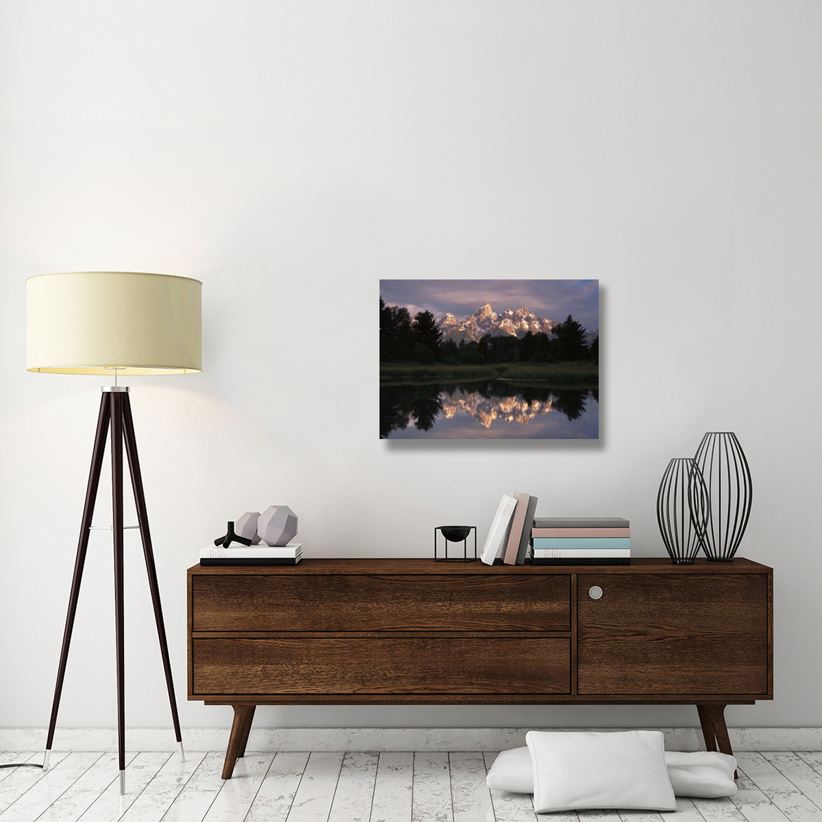 Grand Teton Range and cloudy sky at Schwabacher Landing, reflected in the water, Grand Teton National Park, Wyoming-Canvas Art-32&quotx24"