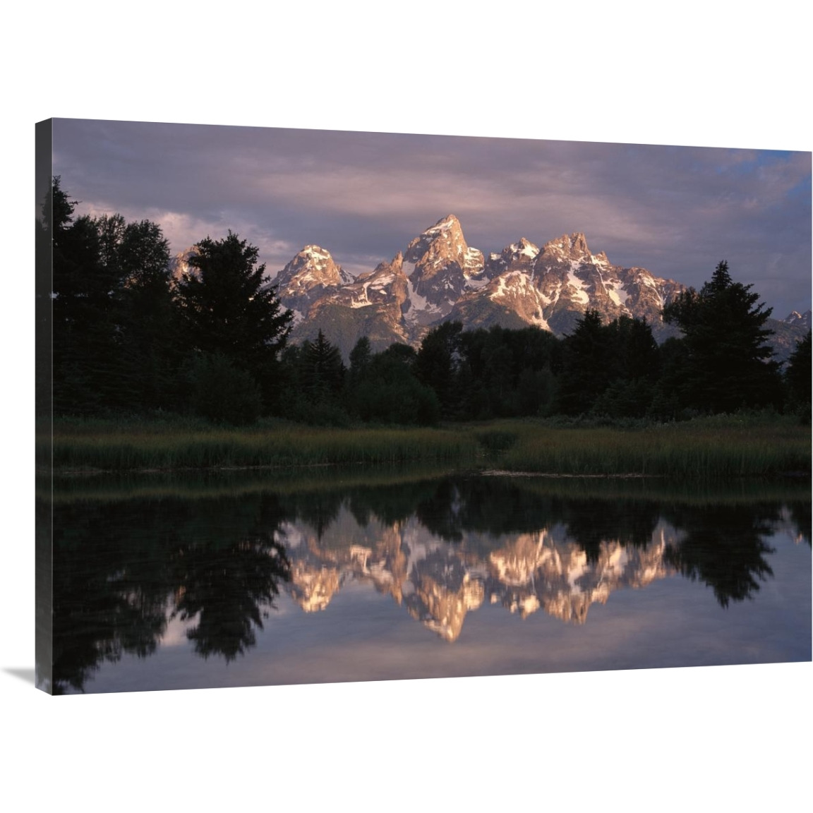 Grand Teton Range and cloudy sky at Schwabacher Landing, reflected in the water, Grand Teton National Park, Wyoming-Canvas Art-40&quotx30"