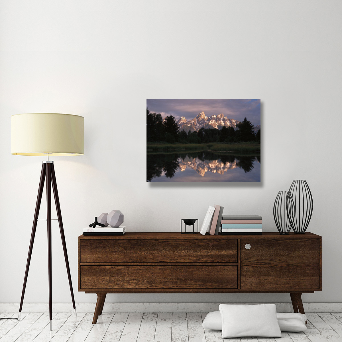 Grand Teton Range and cloudy sky at Schwabacher Landing, reflected in the water, Grand Teton National Park, Wyoming-Canvas Art-40&quotx30"