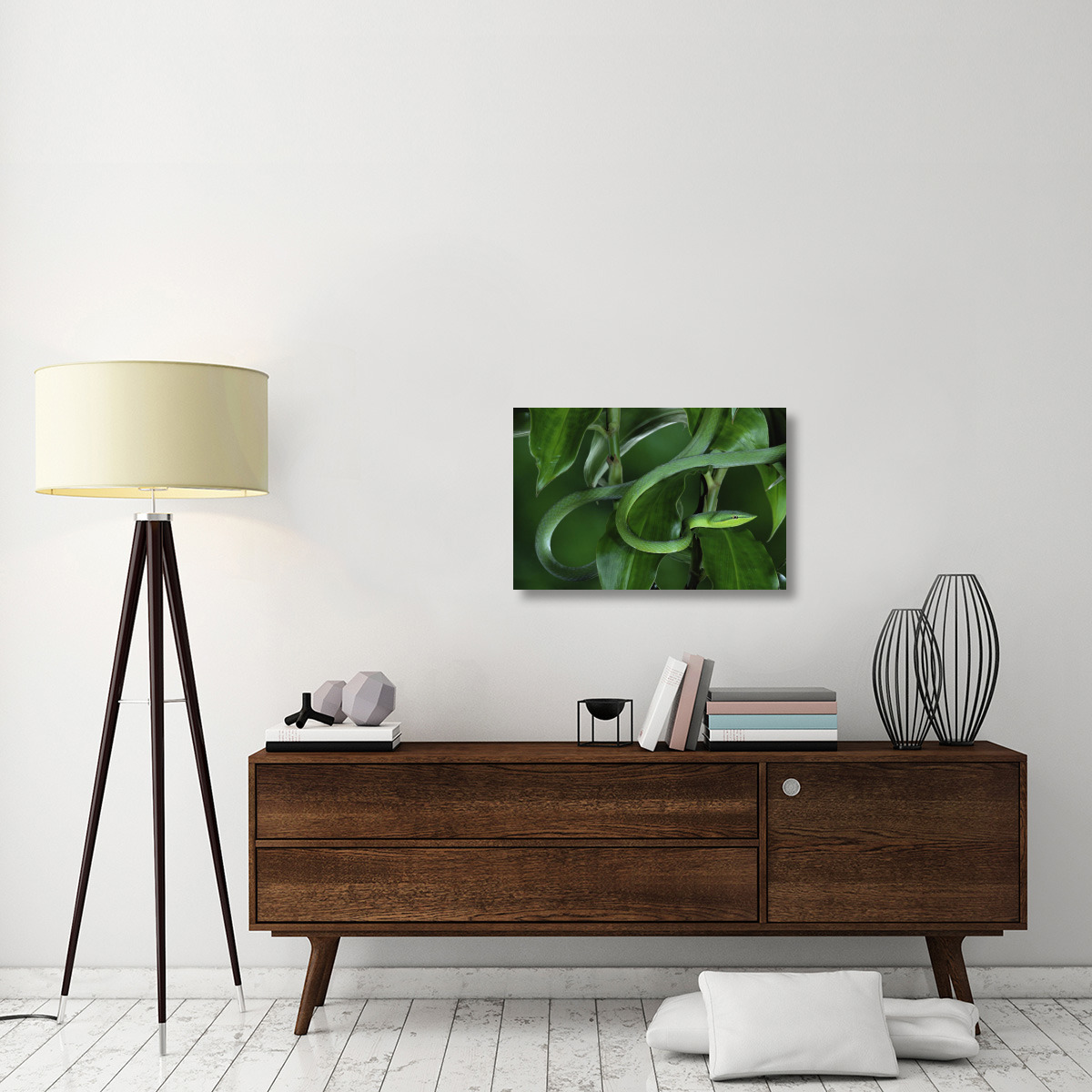 Green Vine Snake camouflaged among rainforest leaves, Costa Rica-Canvas Art-30&quotx20"