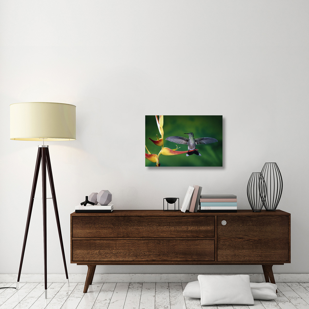 Scaly-breasted Hummingbird near a Heliconia flower in rainforest, Costa Rica-Canvas Art-30&quotx20"