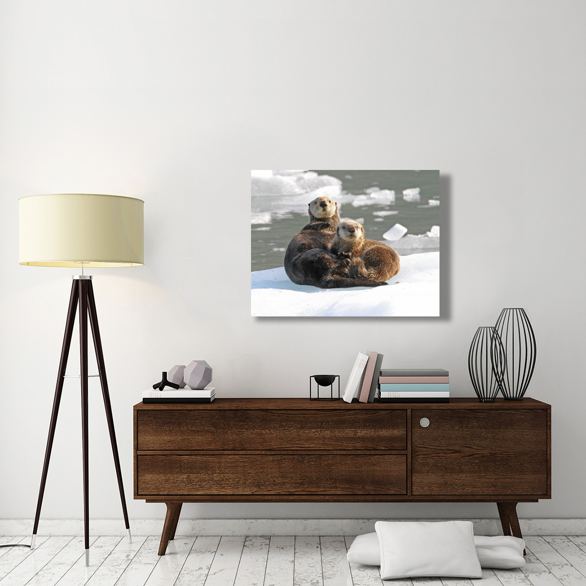 Sea Otter female with pup on ice floe, Prince William Sound, Alaska-Canvas Art-40&quotx30"
