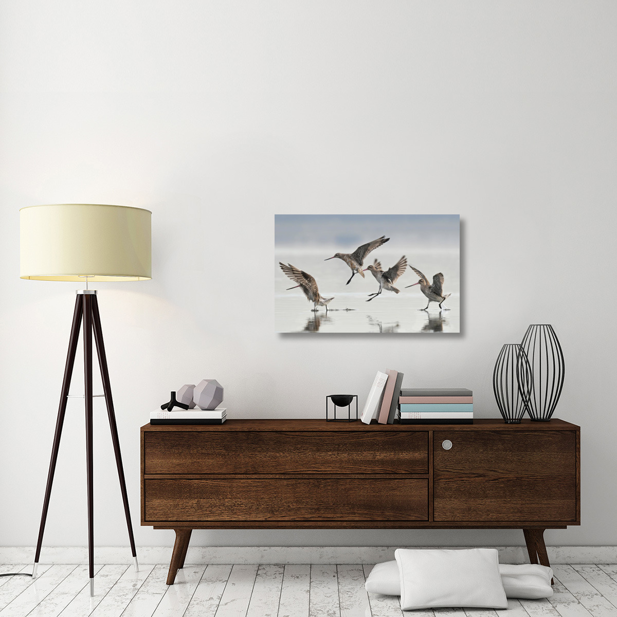 Bar-tailed Godwit group landing, Avon Heathcote Estuary, Christchurch, New Zealand-Canvas Art-36&quotx23.04"