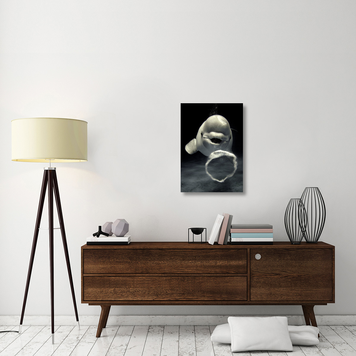 Beluga whale blowing toroidal bubble ring, Shimane Aquarium, Japan-Canvas Art-21&quotx30"
