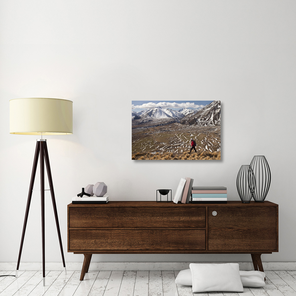 Hiker descends hill of Tussock Grass above Lake Heron Station, Canterbury, New Zealand-Canvas Art-36&quotx24"