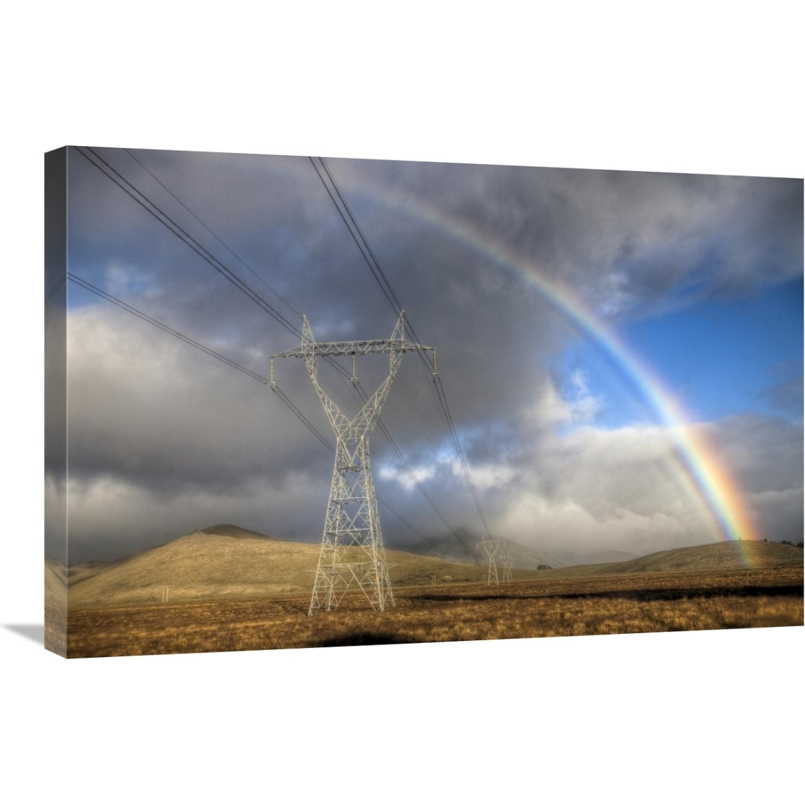 Powerlines, rainbow forms as evening sun lights up rain clouds, Canterbury, New Zealand-Canvas Art-30&quotx20"