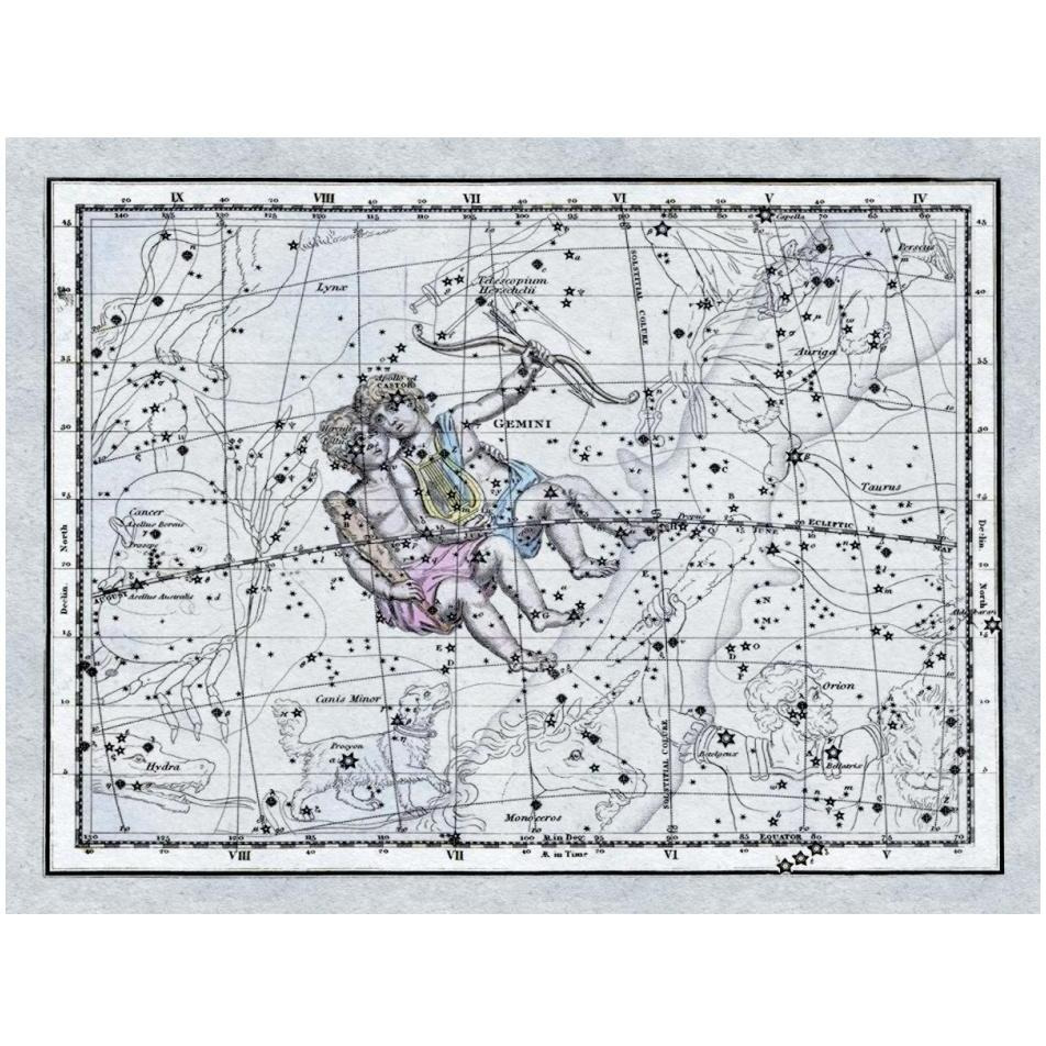 Maps of the Heavens Gemini - the Twins - Castor and Pollux-Paper Art-18&quotx14"