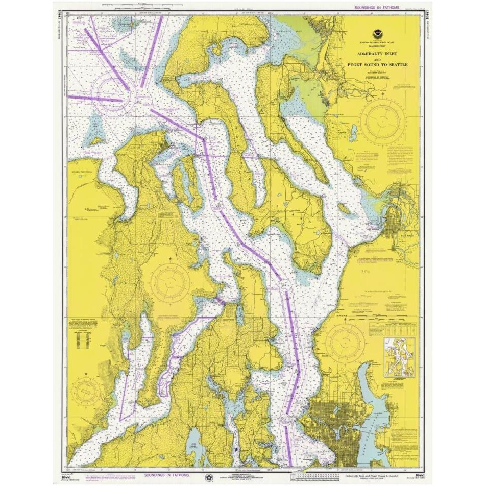 Nautical Chart - Admiralty Inlet and Puget Sound to Seattle ca. 1975-Paper Art-30&quotx38"