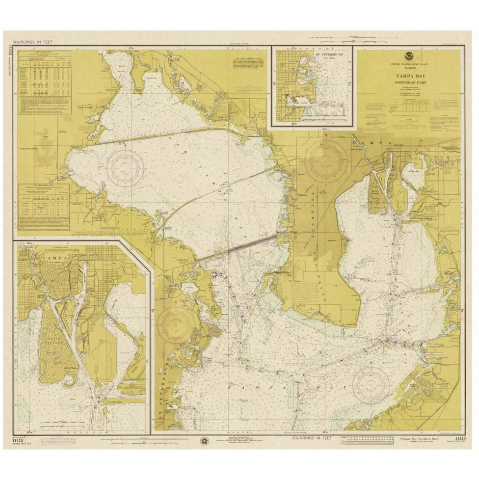 Nautical Chart - Tampa Bay - Northern Part ca. 1975 - Sepia Tinted-Paper Art-46&quotx41"