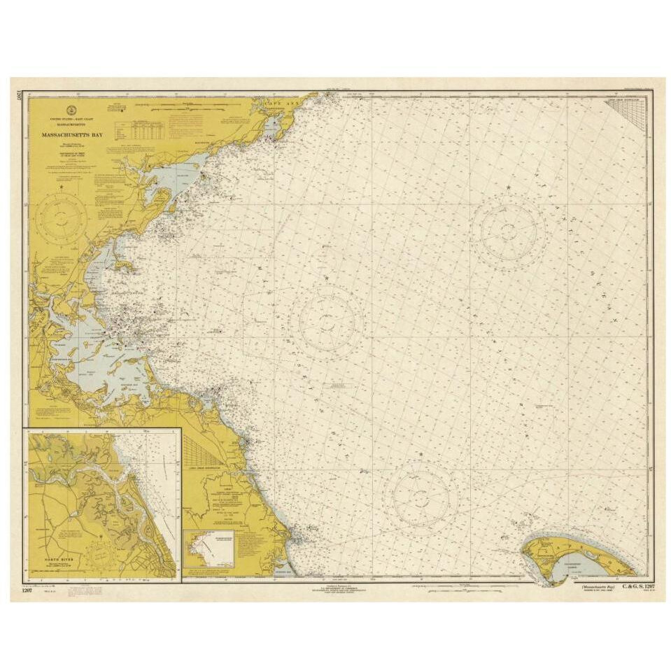 Nautical Chart - Massachusetts Bay ca. 1970 - Sepia Tinted-Paper Art-32&quotx26"
