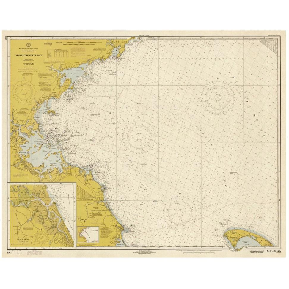 Nautical Chart - Massachusetts Bay ca. 1970 - Sepia Tinted-Paper Art-46&quotx37"