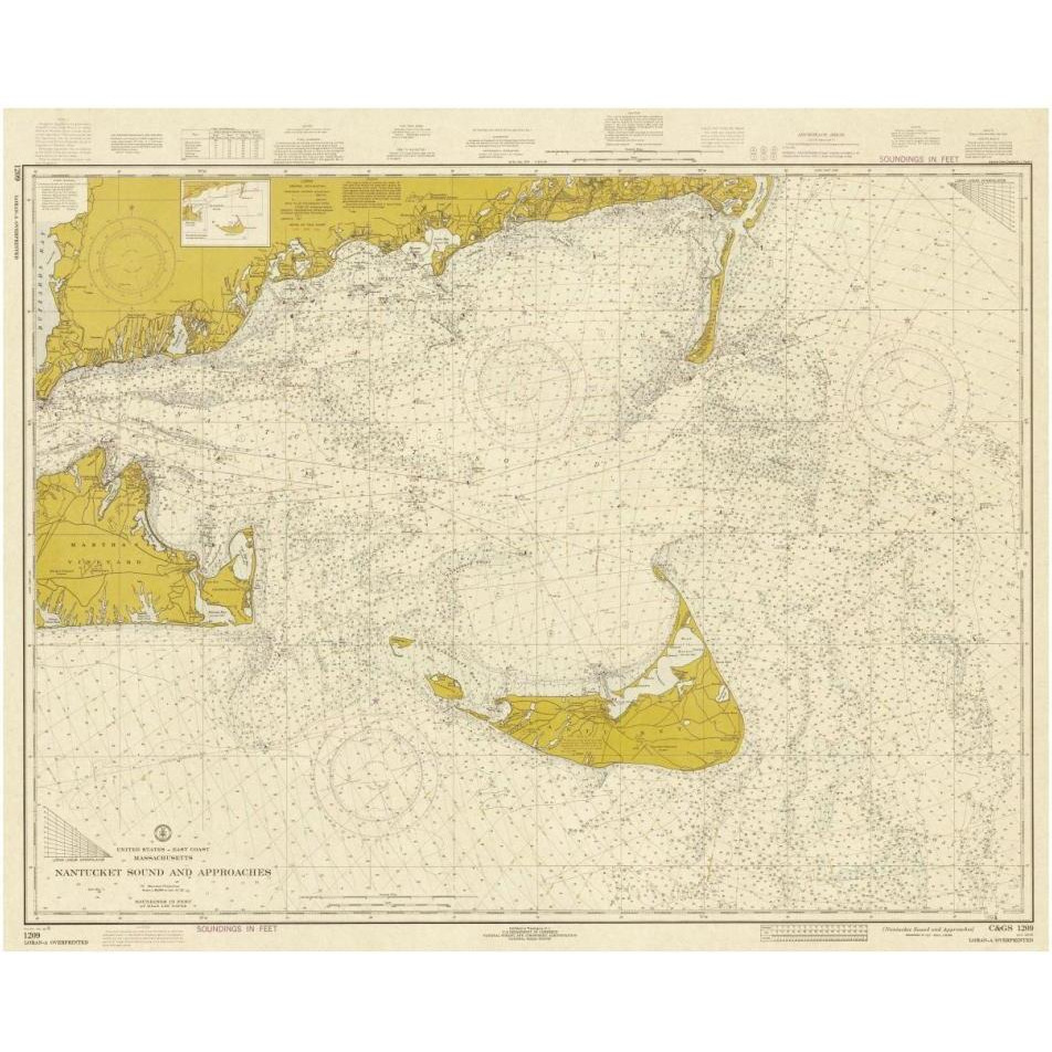 Nautical Chart - Nantucket Sound and Approaches ca. 1973 - Sepia Tinted-Paper Art-38&quotx31"