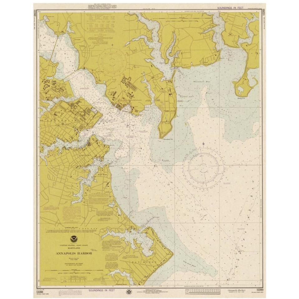 Nautical Chart - Annapolis Harbor ca. 1975 - Sepia Tinted-Paper Art-30&quotx38"