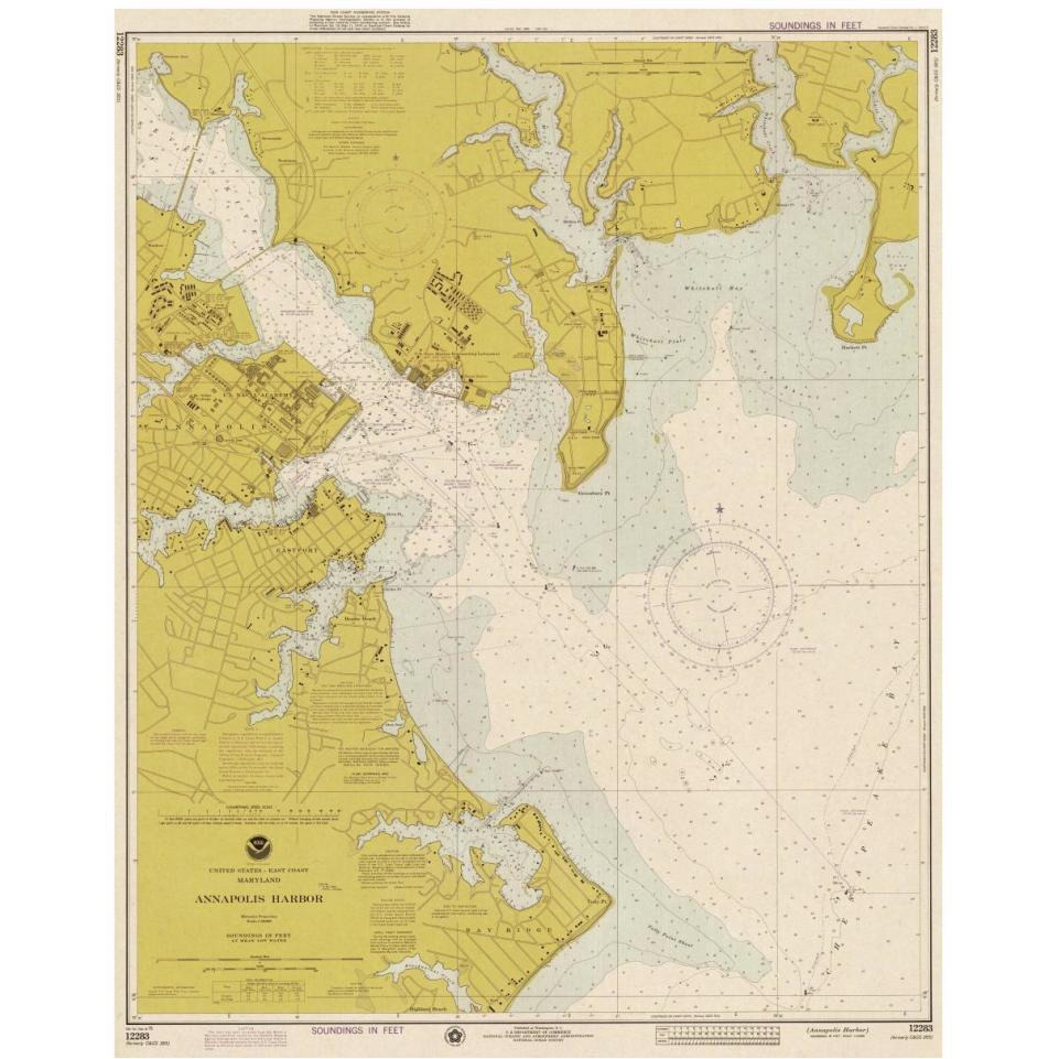 Nautical Chart - Annapolis Harbor ca. 1975 - Sepia Tinted-Paper Art-34&quotx42"