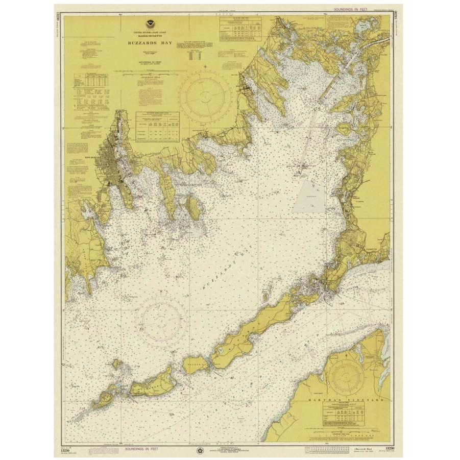 Nautical Chart - Buzzards Bay ca. 1974 - Sepia Tinted-Paper Art-14&quotx18"
