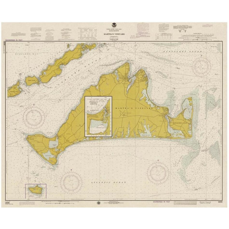 Nautical Chart - Marthas Vineyard ca. 1975 - Sepia Tinted-Paper Art-32&quotx27"